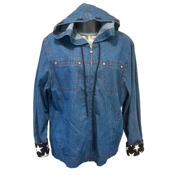 T & Company Women's Denim Hooded Jacket w/ USA Flag Inside Lining-Size M - Picture 1 of 12